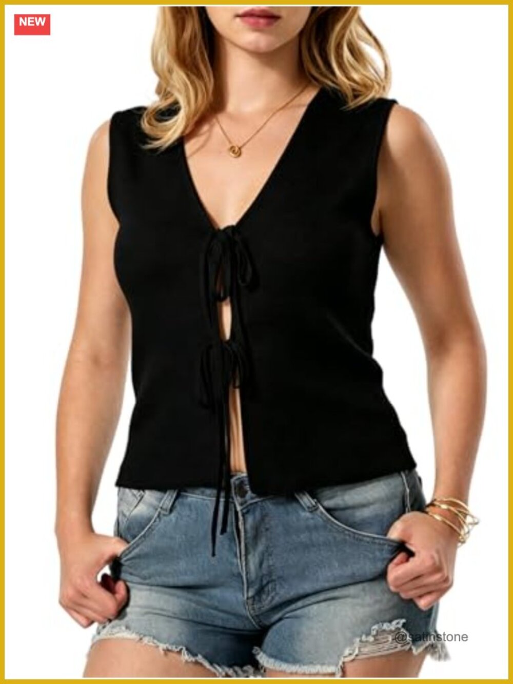 Tie Front Crochet Sweater Vest Sleeveless V Neck Knit Tank Top